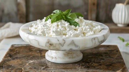 Fresh cottage cheese is served on a vintage carrara marble surface, providing a delicious,