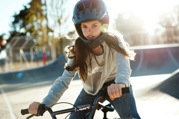 Naklejka premium Young Woman Riding a Bike at a Skate Park