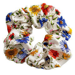 Fototapeta na wymiar floral scrunchie, floral pattern hair accessory, spring hair accessory for women, colorful hair tie, woman's accessories, fashion