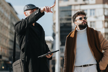 Stylish urban men using digital tablet and pointing on city street.