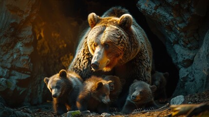 Mother bear nurturing cubs in cozy den with gentle light  emphasizing bond and affection - obrazy, fototapety, plakaty