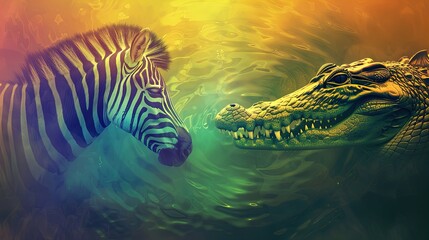 Fototapeta na wymiar Savanna Standoff: Zebra vs Crocodile in a Vivid Clash of Stripes and Scales.