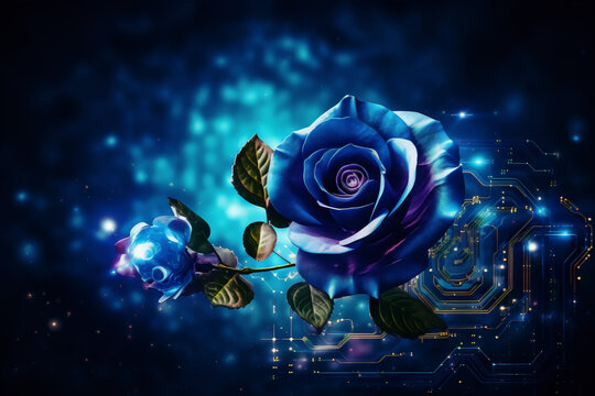 A vibrant blue rose, glowing with digital circuits.
