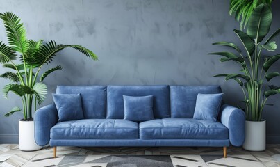 Home interior mock-up with blue sofa, wooden table and decor in blue living room, - obrazy, fototapety, plakaty