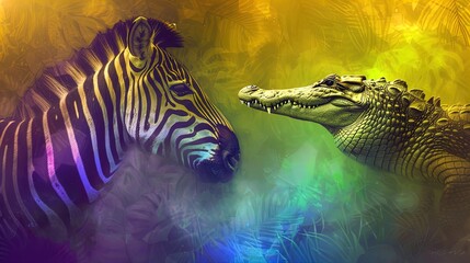 Fototapeta na wymiar Savanna Standoff: Zebra vs Crocodile in a Vivid Clash of Stripes and Scales.
