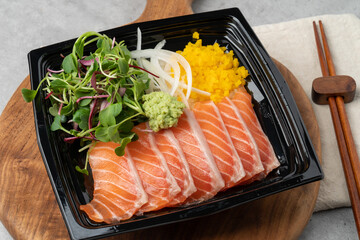 Japanese, sushi, sashimi, fish, eel, shrimp, flatfish, rockfish, salmon, sashimi rice, raw salmon, fried tofu rice, soy sauce, wasabi, egg roll, onion, flying fish egg