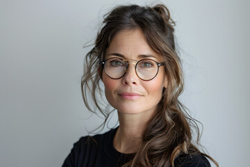 Obraz premium Closeup portrait of middle age mature beautiful woman in glasses, isolated on light grey background