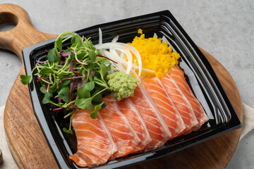 Japanese, sushi, sashimi, fish, eel, shrimp, flatfish, rockfish, salmon, sashimi rice, raw salmon, fried tofu rice, soy sauce, wasabi, egg roll, onion, flying fish egg