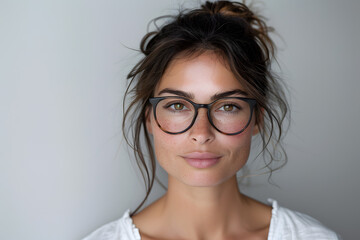 Fototapeta premium Closeup portrait of middle age mature beautiful woman in glasses, isolated on light grey background