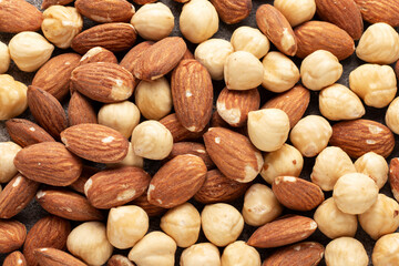 A mix of almonds and hazelnuts. Close-up, top view.
