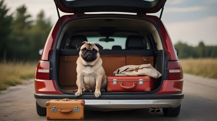 Car Trunk With Cute Pug And luggage Travel concept .Generative AI