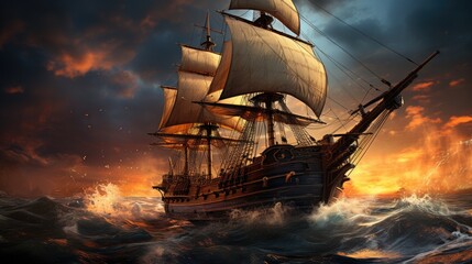 pirate ship sailing - obrazy, fototapety, plakaty