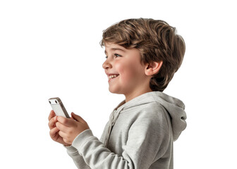 Fototapeta premium Young Boy with Phone Smiling on Transparent