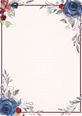 Floral border design with burgundy frame and blue and red watercolor flowers.
