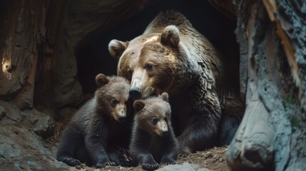 Mother bear lovingly nuzzling cubs in den  capturing intimate bond in soft light - obrazy, fototapety, plakaty