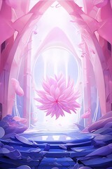 Pink flower floats through a pastel archway. Mystical, ethereal scene.
