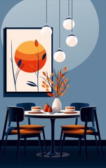 A modern dining room, featuring a round table and chairs, with a framed artwork.
