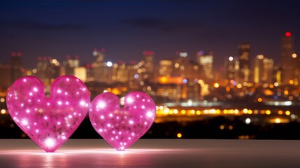 Two glowing pink hearts against a city skyline at night.
