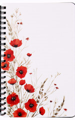 Red poppies adorn a white spiral-bound notebook.
