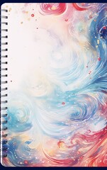 Abstract swirling colors, vibrant design, a colorful notebook cover.
