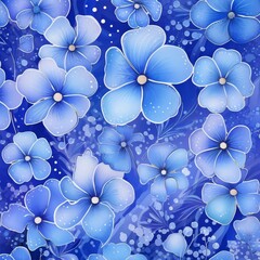 Delicate blue flowers in a vibrant floral pattern.
