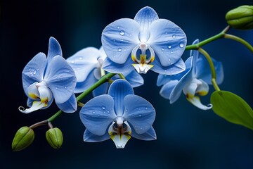 Delicate, light-blue orchids, with water droplets.
