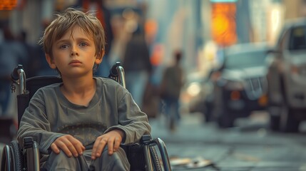 Close up photo of confused cerebral palsy boy sitting in the wheelchair at crowded city street. Image related to vulnerability of disabled people which needs a help in some situations.
 - obrazy, fototapety, plakaty