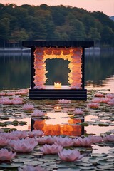 Floating structure, lit from within, surrounded by pink lotus flowers.
