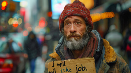 Homeless man holding clear cardboard looking for work.generative ai - obrazy, fototapety, plakaty
