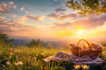 Picnic on a grassy hillside overlooking a stunning sunset, with a picnic basket filled with tasty treats and a blanket