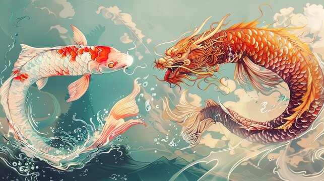 Aqua Dance: Orange and Crimson Koi Fish Twist in Watercolor Elegance.