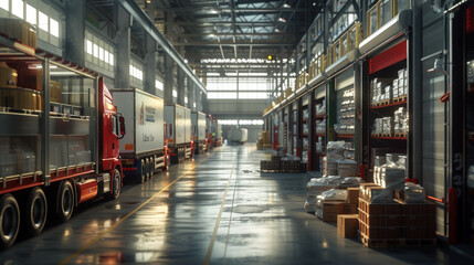 A bustling food distribution center with loading docks and delivery trucks, currently idle but poised to handle the transportation of food supplies