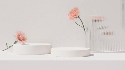 3D rendering image illustration of empty space podium display for product mockup flower background