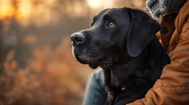 Loyal black labrador retriever hiking companion demonstrates deep connection with owner