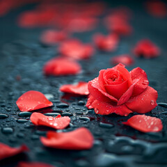 Red rose with water droplets on dark background