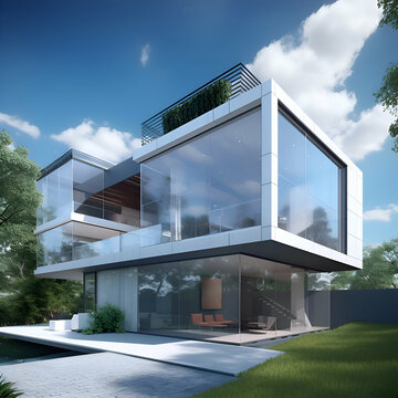 3d rendering of modern house with garage and pool for sale or rent