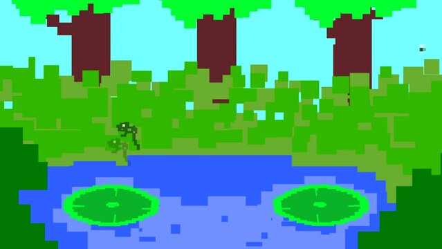 Animation of an old frog game in pixel art style, 8 bits.