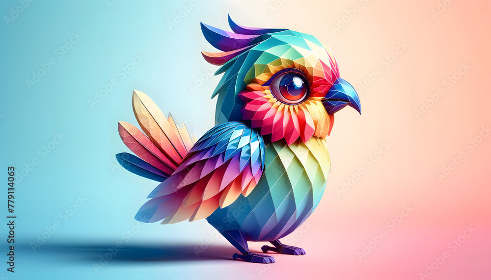 Poster a colorful geometric bird with intricate patterns on its feathers, a playful expression, and oversiz
