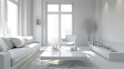 Create a modern living room with a white interior palette, featuring sleek furniture, minimalist accents, and strategic lighting for an airy and sophisticated ambiance.