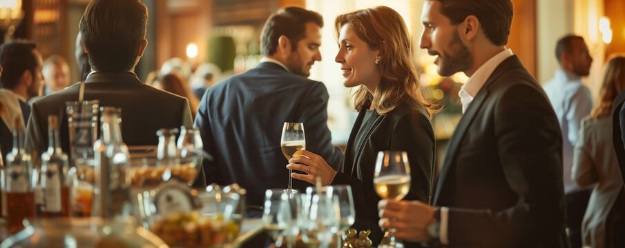Professionals mingling and networking at a corporate event or cocktail party
