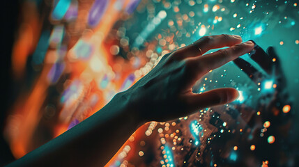 Human hand touching a colorful digital screen 