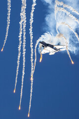 Bottom view of a F-22 Raptor deploying flares
