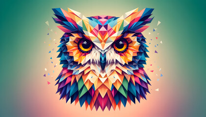 An owl characterized by a geometric, low-poly style akin to paper origami. The owl is feature an intricate pattern of triangles