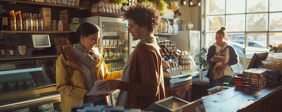 Employees or business owners assisting customers in a retail environment or at a service counter, engaging in conversation while providing assistance or advice