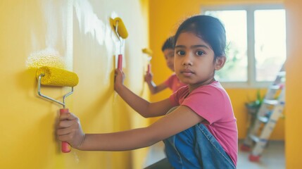 Young Indian female child painting wall in yellow color