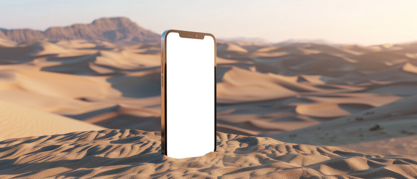 Smartphone mockup: vertical white screen product presentation with phone standing on desert sand background
