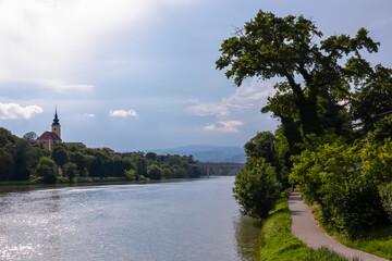 Breathtaking scenery of Drava River nestled in charming city of Maribor in Slovenia, Europe. From...