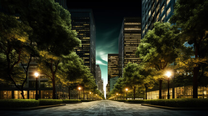 Cityscape with modern skyscrapers adorned with trees, The harmony of nature and urbanity, Clean air. Emphasizing natural concepts, Green spaces - obrazy, fototapety, plakaty