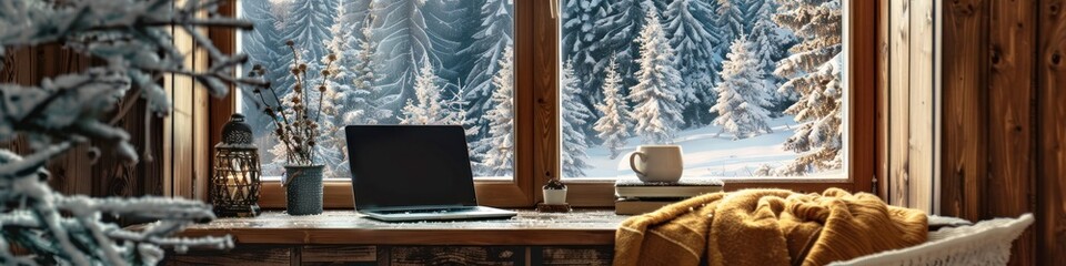 A serene workspace with a laptop on a desk overlooking a winter landscape suggests a peaceful...