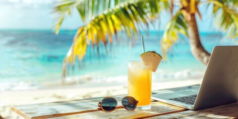 A tropical beach bar workspace with a refreshing drink and a laptop, perfect for depicting remote work scenarios and vacation atmosphere.